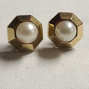 Franz Bruening Mid-century Vintage 8KT Gold Octagon Pearl Center Earrings
